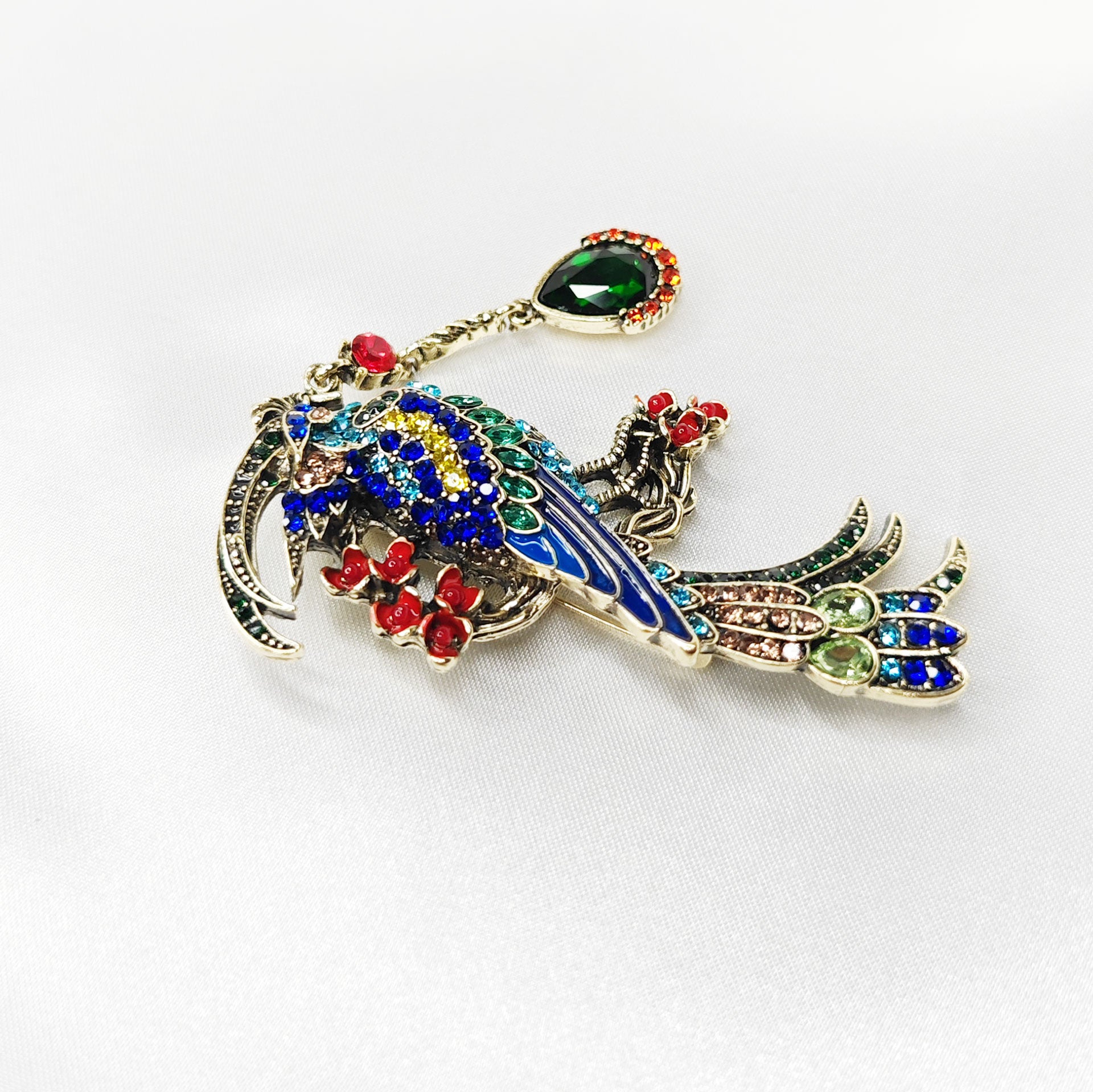 Broche bijou oiseau paon impérial multicolore