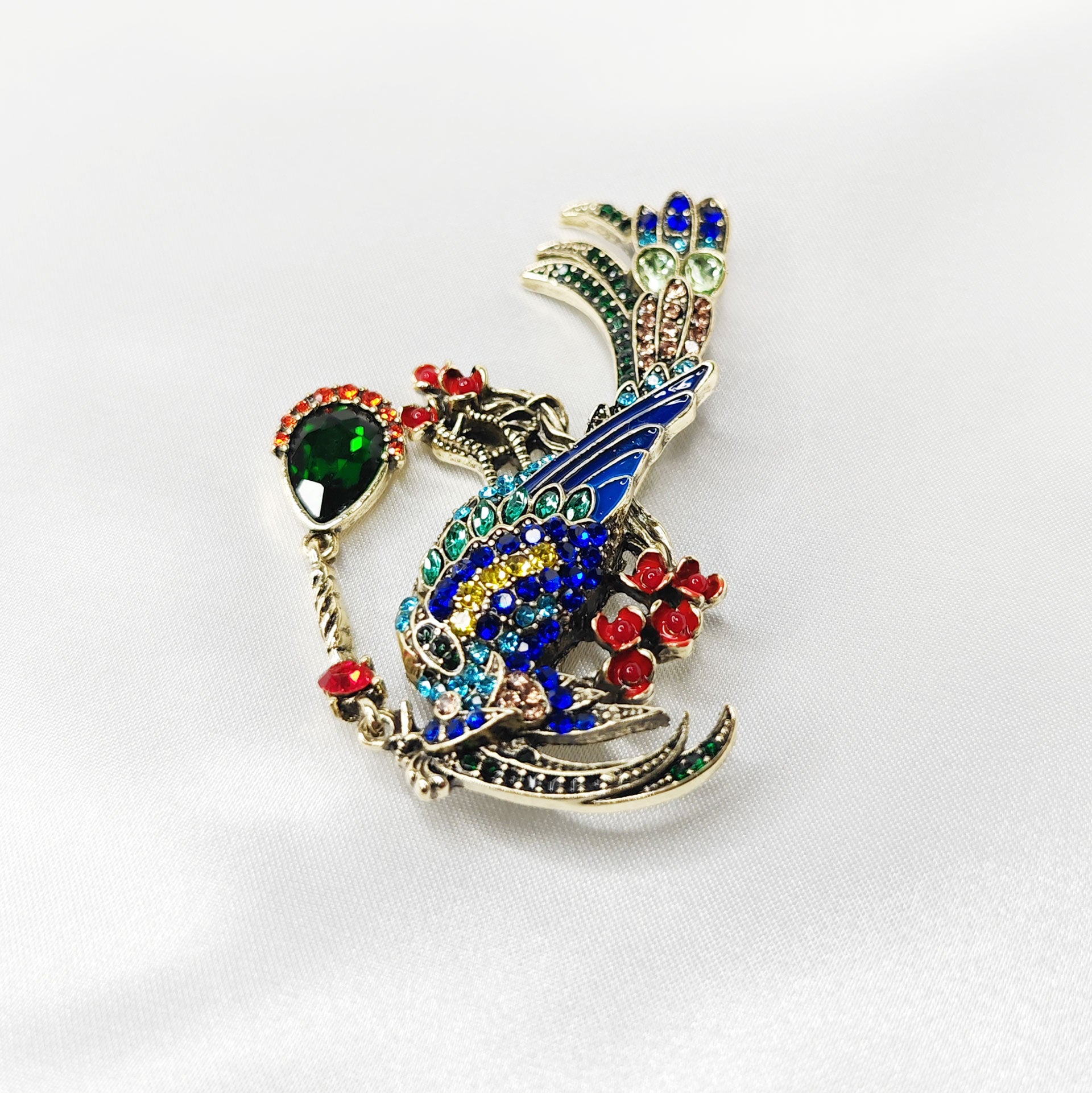 Broche bijou oiseau paon impérial multicolore