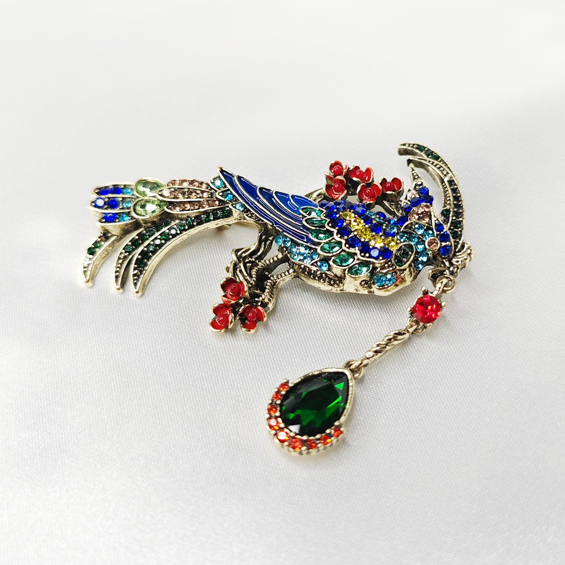Broche bijou oiseau paon impérial multicolore