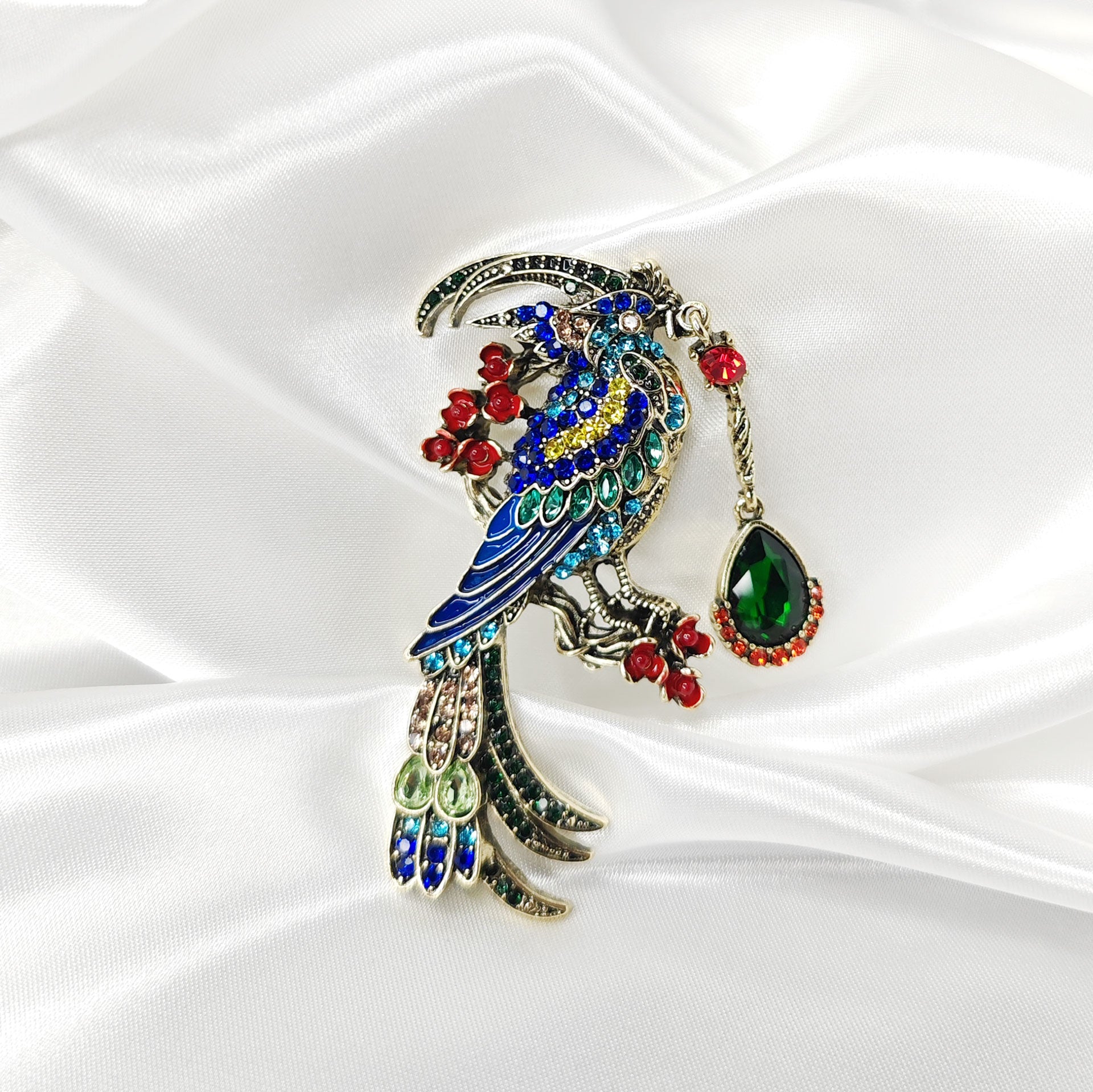 Broche bijou oiseau paon impérial multicolore