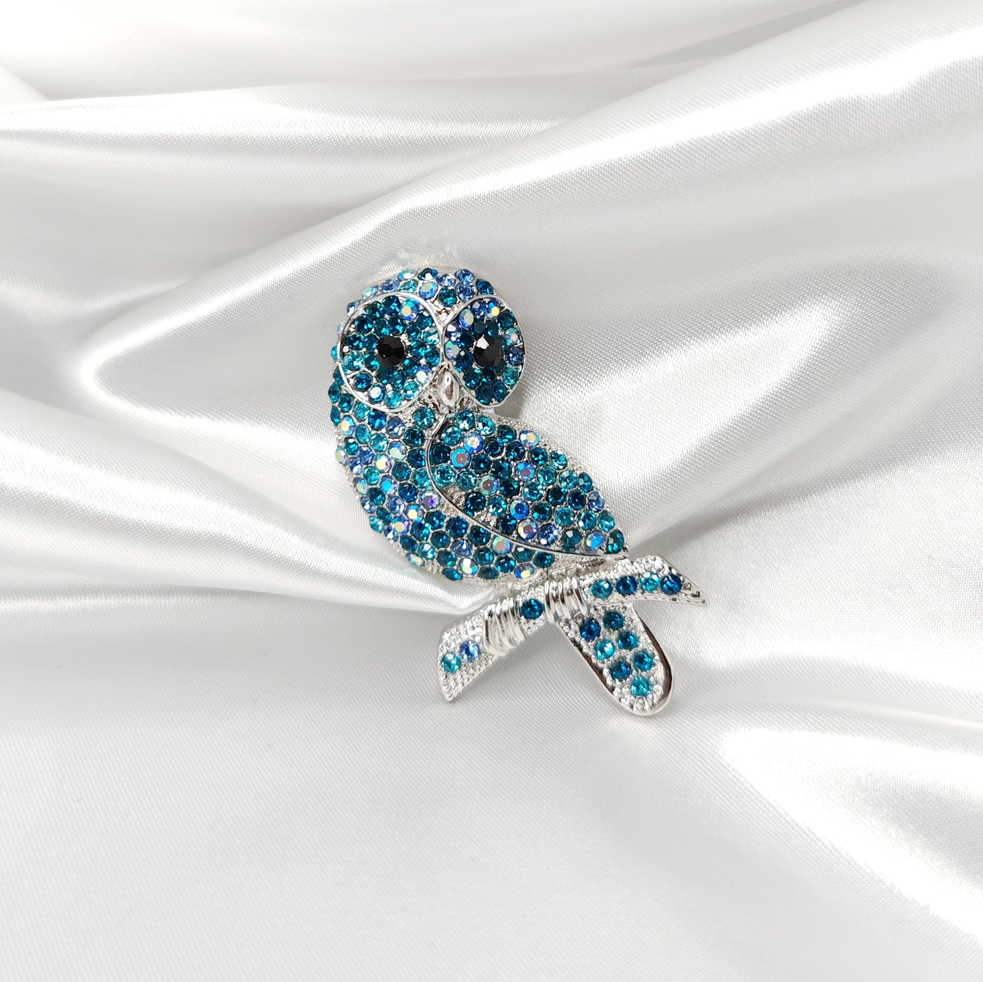 Broche bijou oiseau hibou bleu