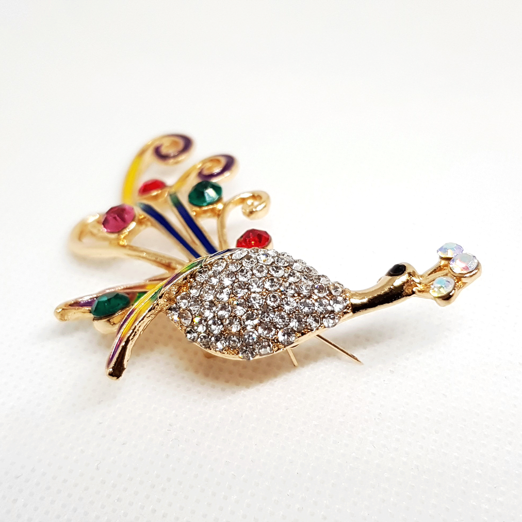 Broche oiseau bijou doree Paon multicolore