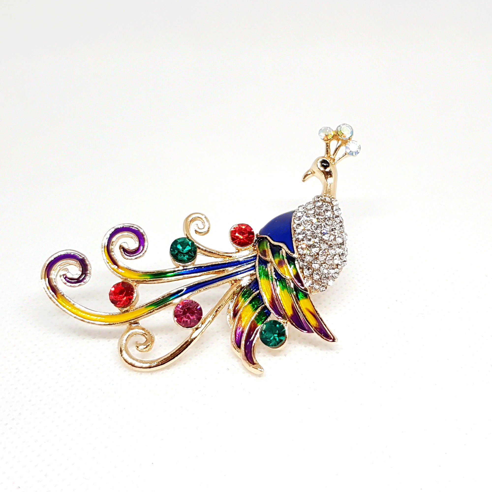 Broche oiseau bijou doree Paon multicolore