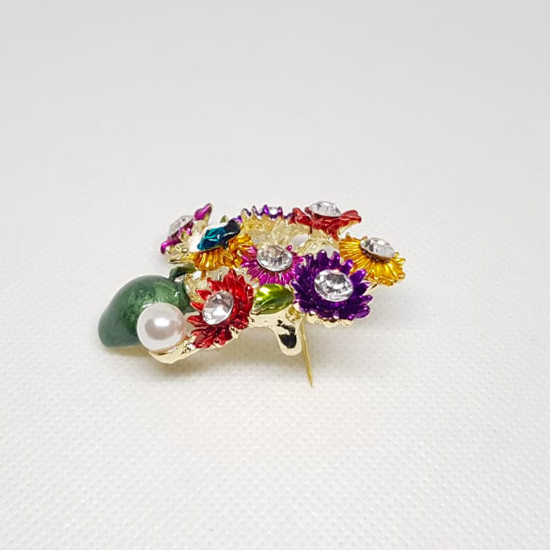 Broche Doree Pot de Fleur Vert Marguerites Multicolores