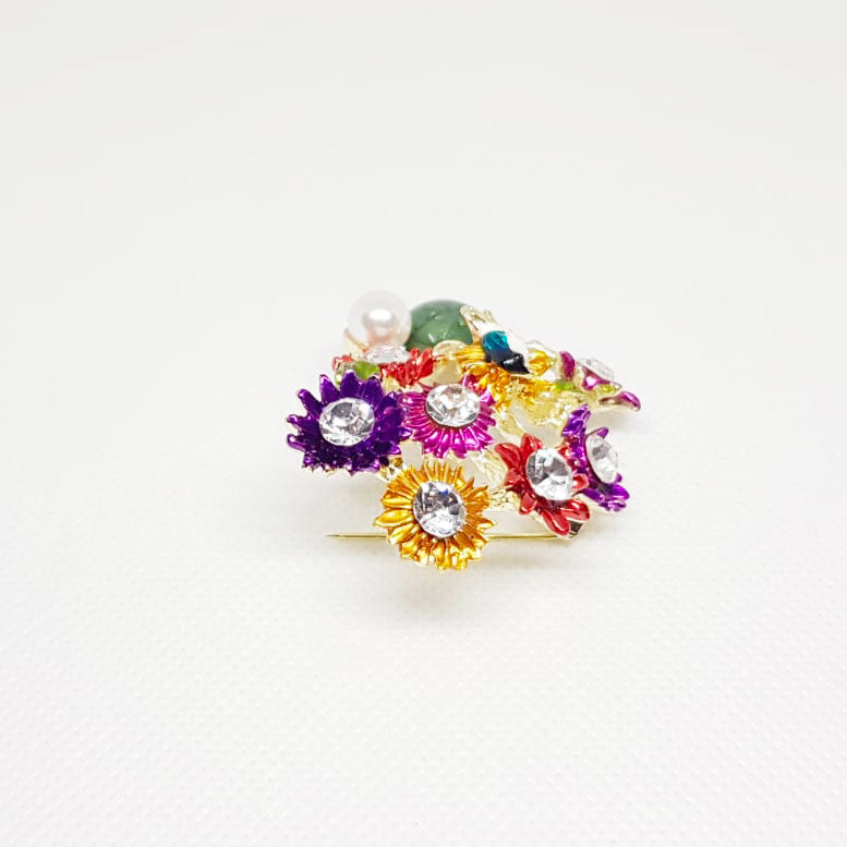Broche Doree Pot de Fleur Vert Marguerites Multicolores