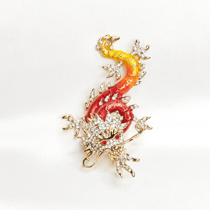 Broche Dragon en Cristal et Émail Rouge et Or