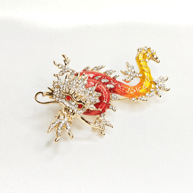 Broche Dragon en Cristal et Émail Rouge et Or