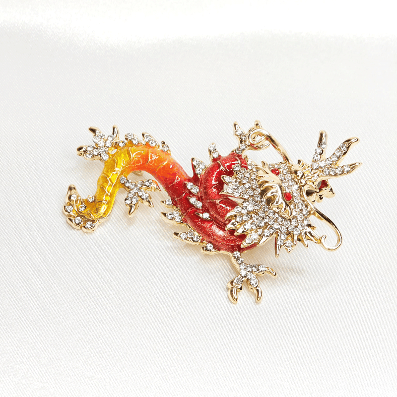 Broche Dragon en Cristal et Émail Rouge et Or