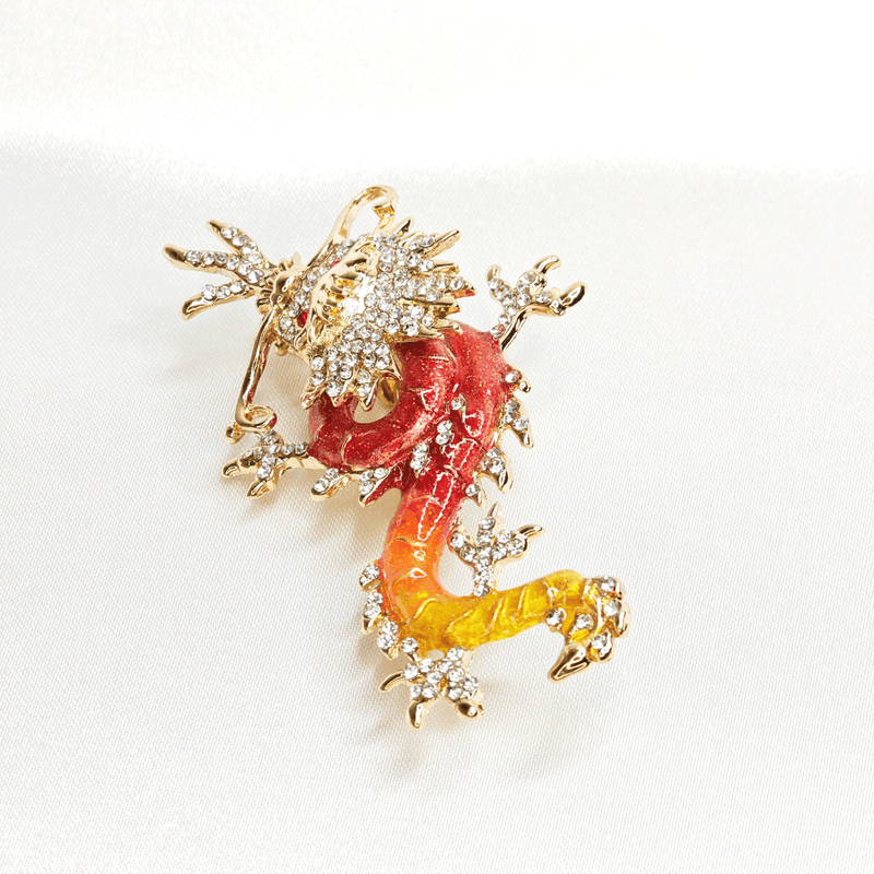 Broche Dragon en Cristal et Émail Rouge et Or