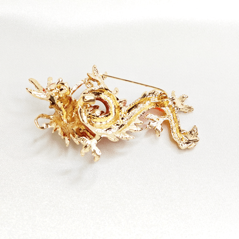 Broche Dragon en Cristal et Émail Rouge et Or