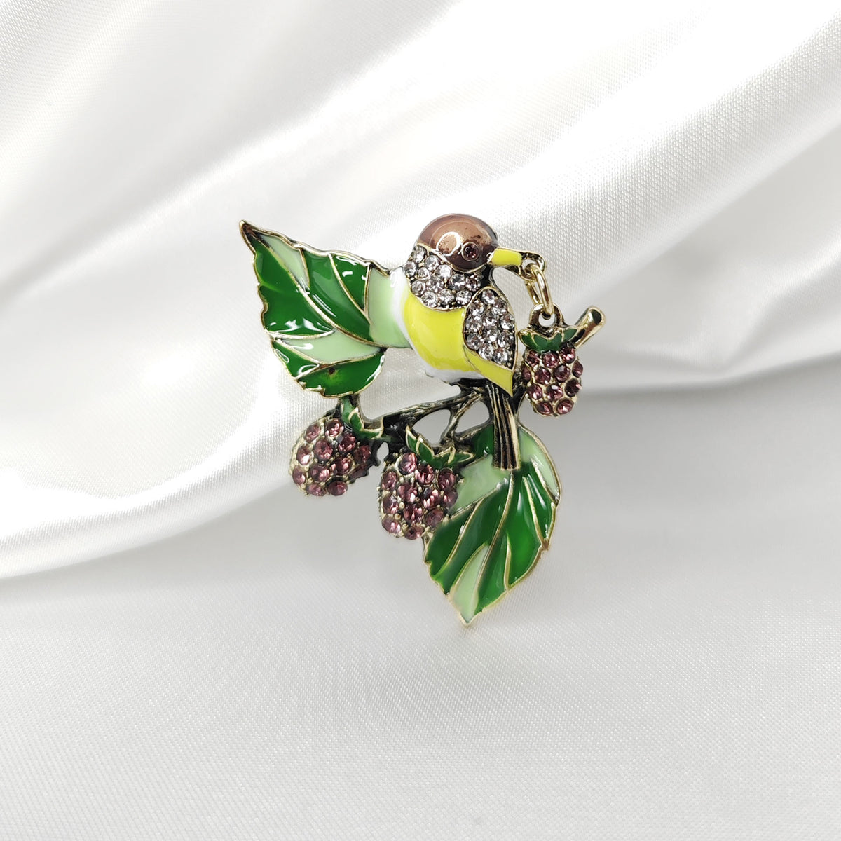 Broche Oiseau Jaune Et Vert émaillée Avec Strass – Bijou Fantaisie Femme