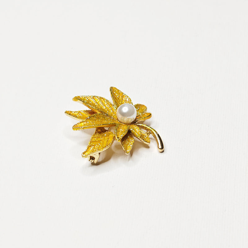 Golden Pearl Autumn Leaf Brooch