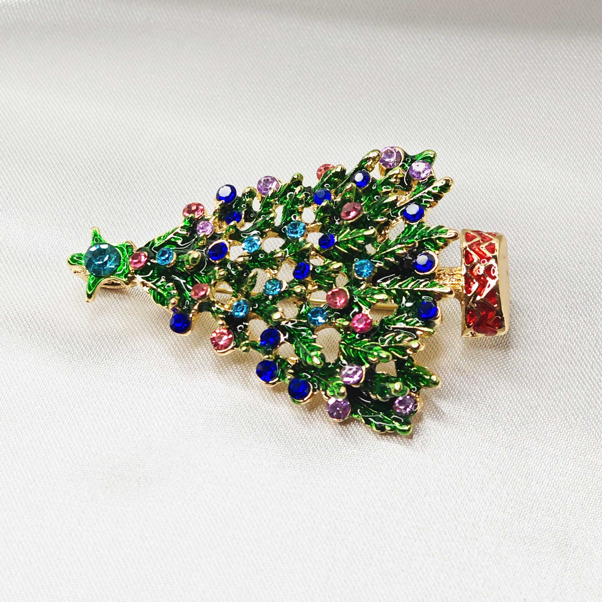 Broche Noël Arbre De Noël En Alliage - 4,2x2,7 Cm, Décorée Strass - Accessoire Cadeau Pour Femme, Décoration Vêtement, Sac, écharpe - 14