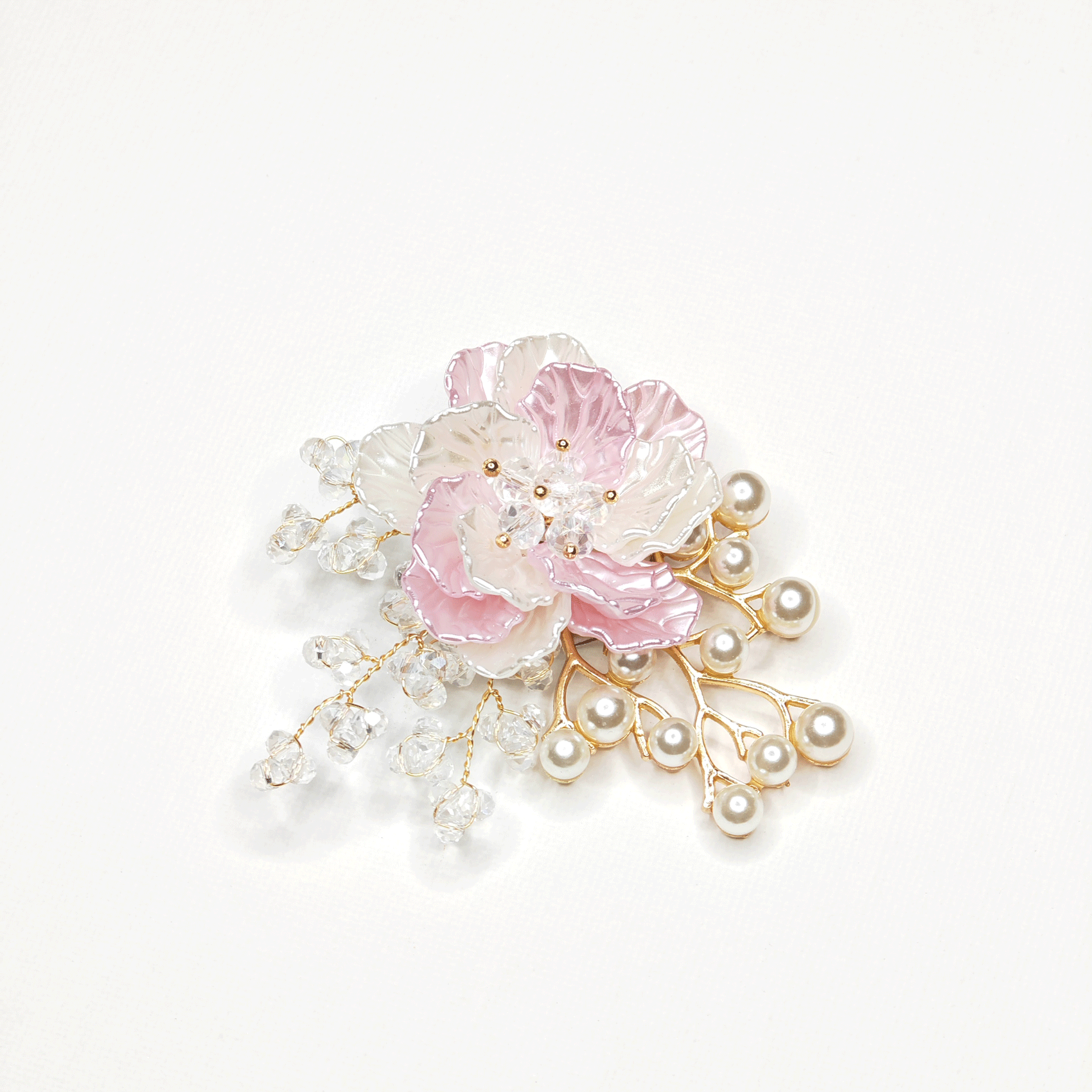 Broche grande fleur rose et blanche perlee