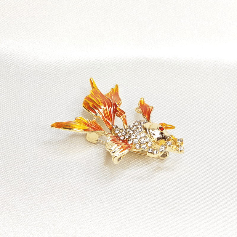 Broche Poisson Doré élégant en Cristal et Émail Orange