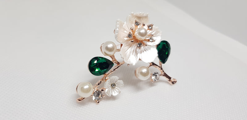 Golden Brooch Flower and Pearls on Green Crystal Branch