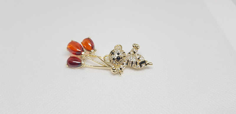 Crystal Teddy Bear Brooch and Red Balloons