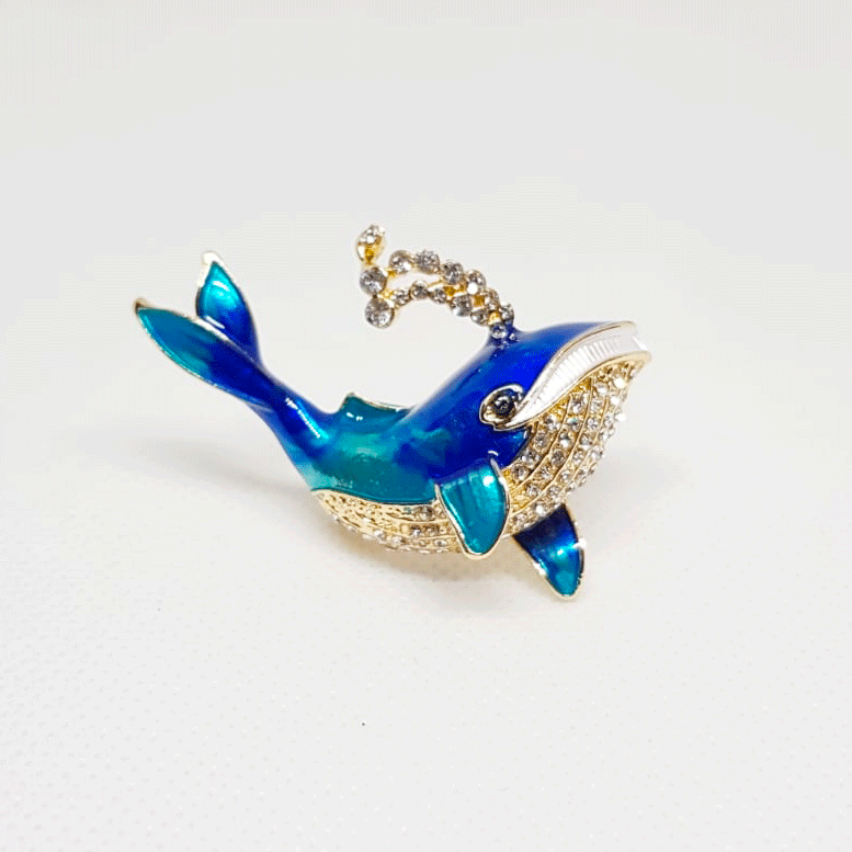 broche baleine bleue et strass doree