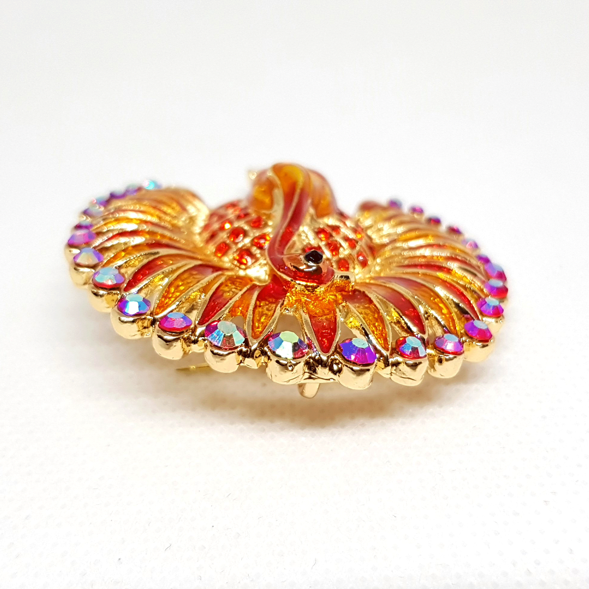 Broche bijou Oiseau Paon orange