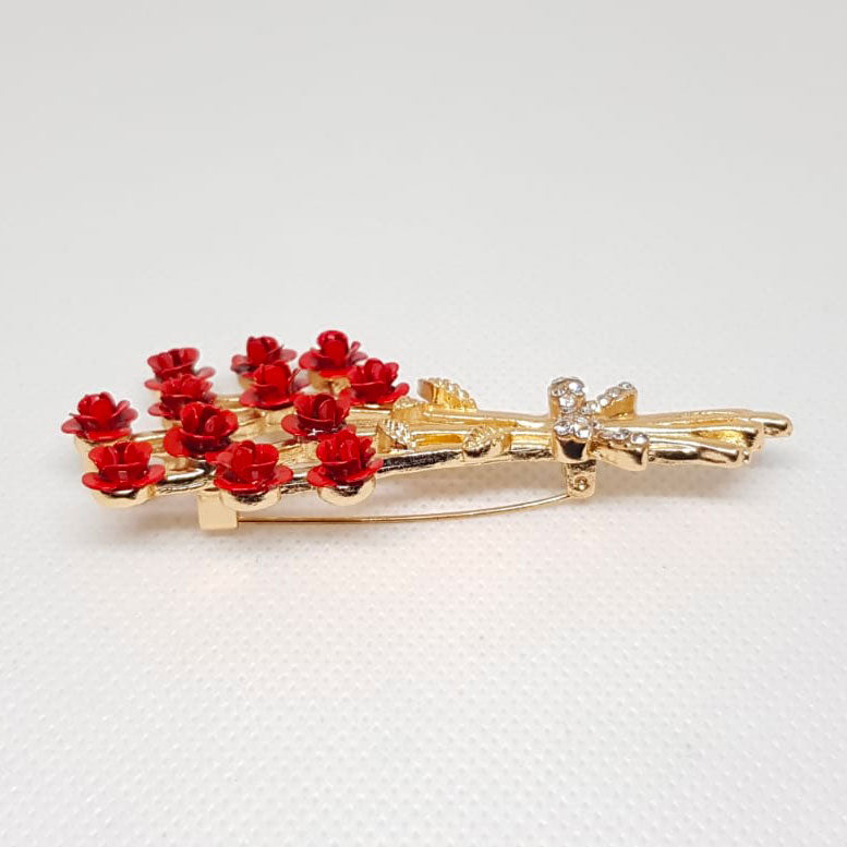 Gold Brooch Flower Bouquet of Red Rose