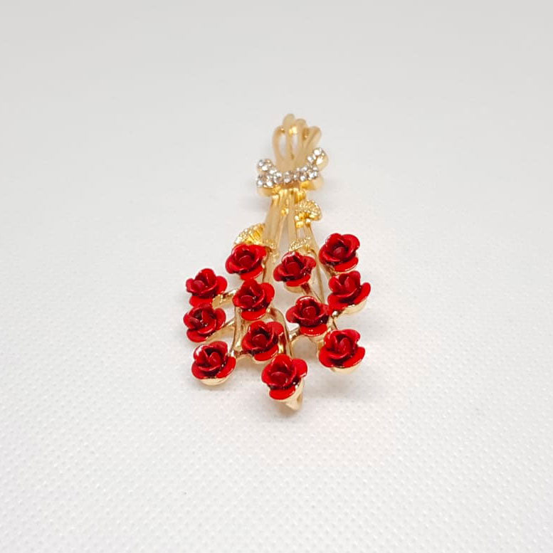Gold Brooch Flower Bouquet of Red Rose
