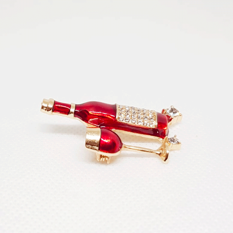 Broche Doree Bouteille Vin Rouge et Verre