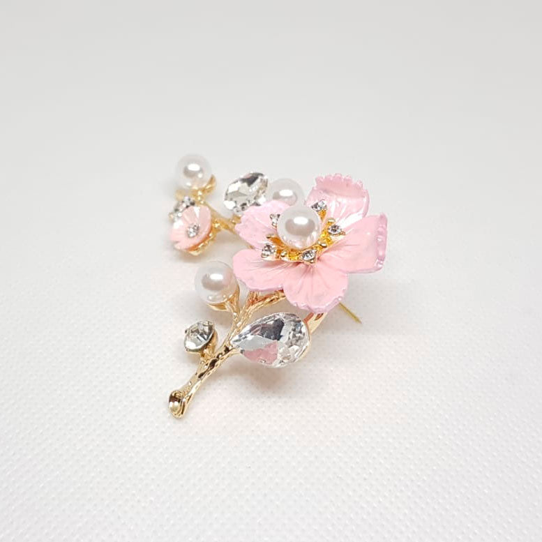 Broche Doree Mariage Fleur Rose sur Branche Perles Cristal Blanc