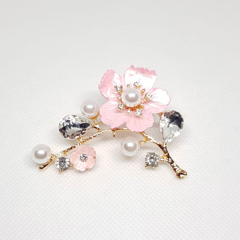 Broche Doree Mariage Fleur Rose sur Branche Perles Cristal Blanc