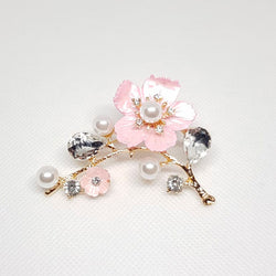 Broche Doree Mariage Fleur Rose sur Branche Perles Cristal Blanc