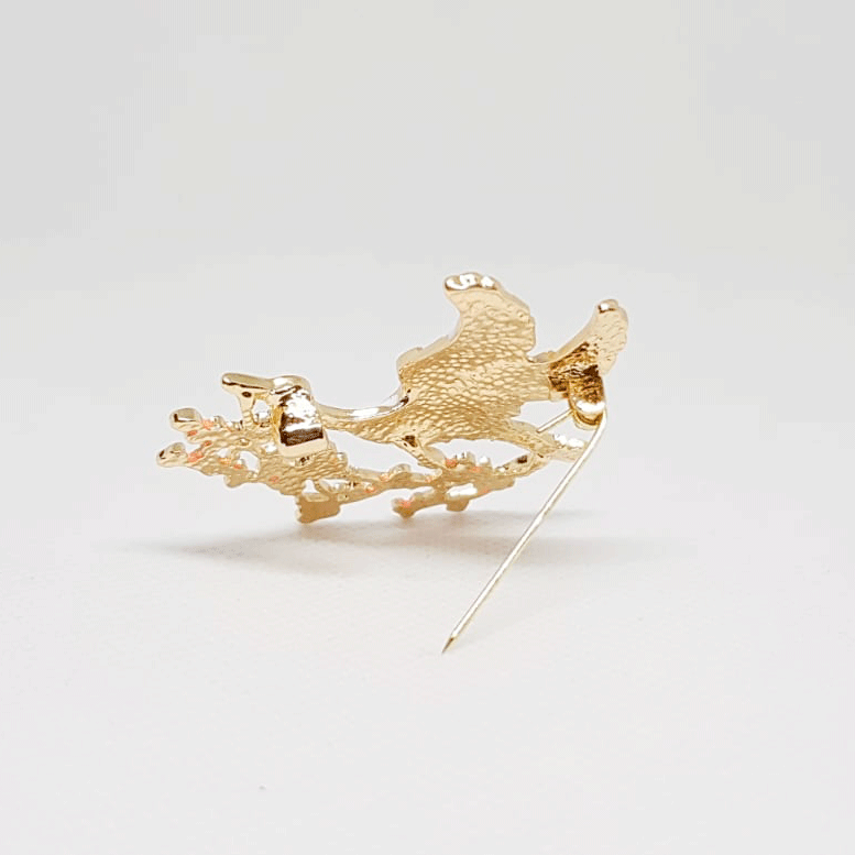 Golden Stork Bird Brooch on Red Flower Branch