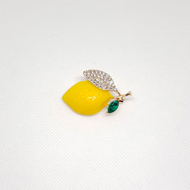 Broche Doree Fruit Citron Jaune Petale Verte Cristal