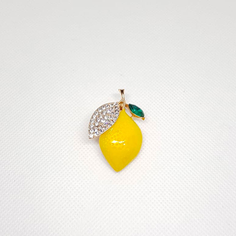 Broche Doree Fruit Citron Jaune Petale Verte Cristal