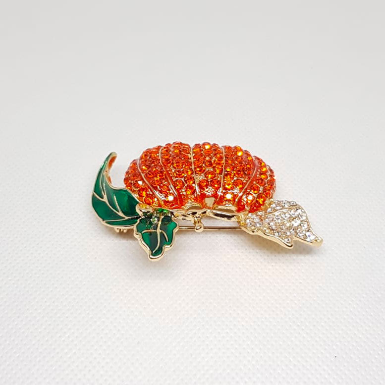 Orange Crystal Pumpkin Vegetable Golden Brooch