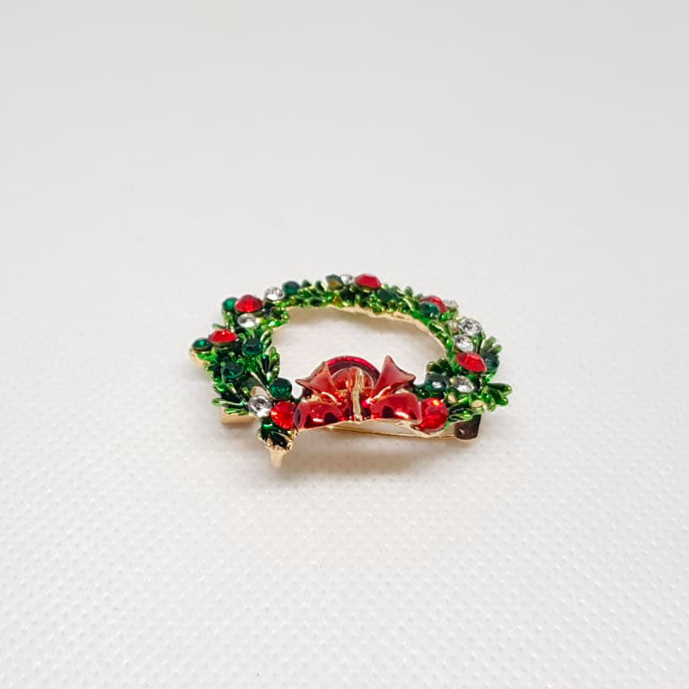 Broche Doree Couronne de Noel Cloche Rouge