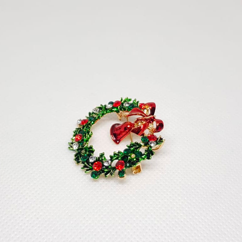 Broche Doree Couronne de Noel Cloche Rouge