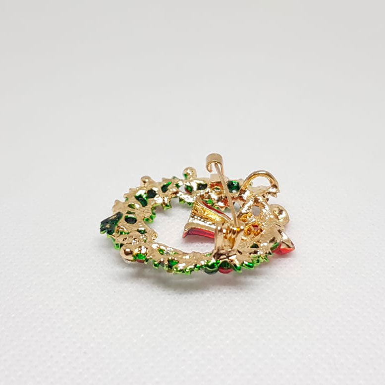 Broche Doree Couronne de Noel Cloche Rouge