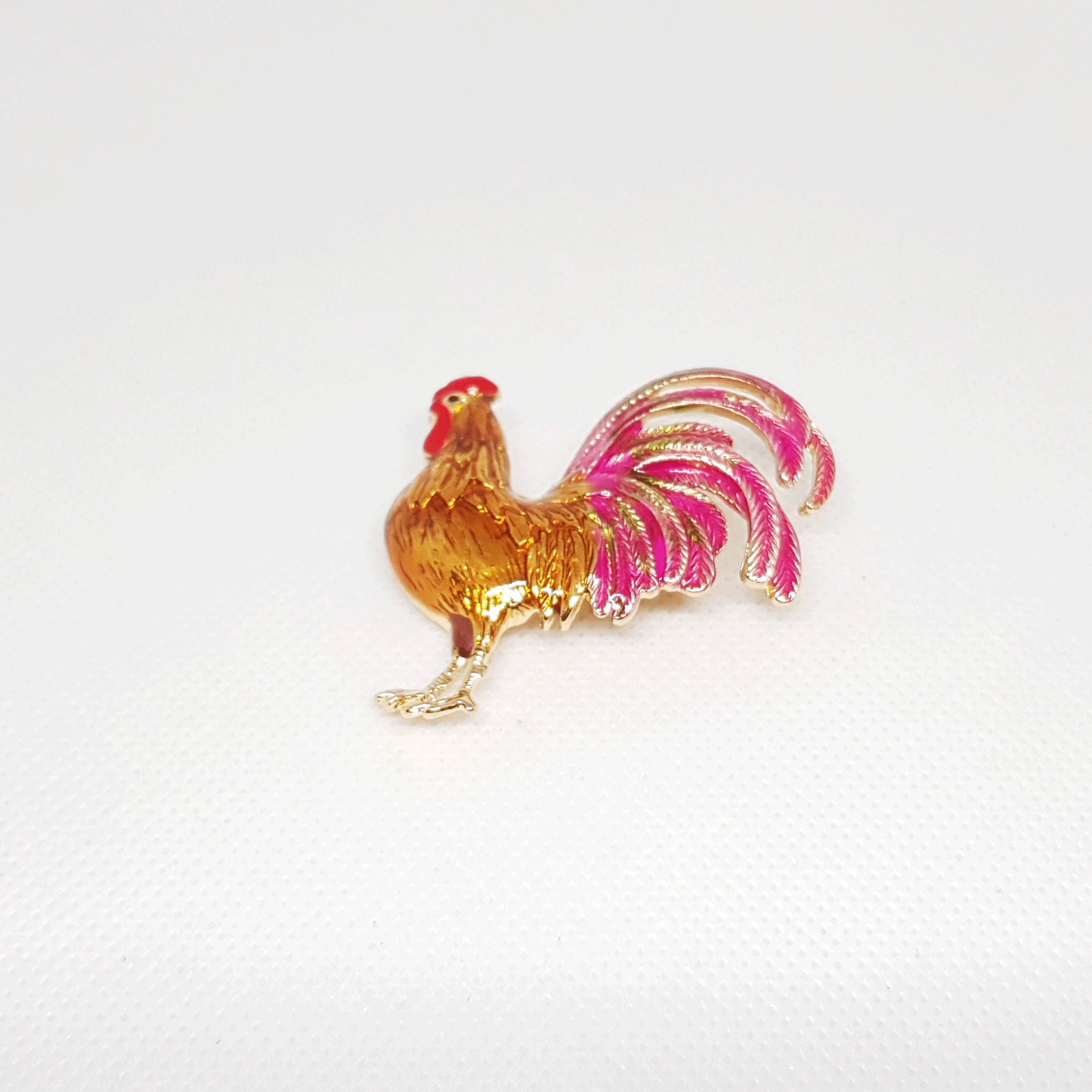 Broche dorée pour femme coq poulet orange rose