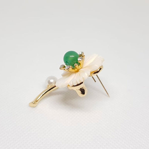 Golden Wedding Brooch White Flower Emerald Green Pearl
