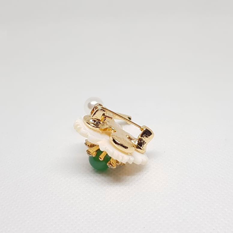 Golden Wedding Brooch White Flower Emerald Green Pearl