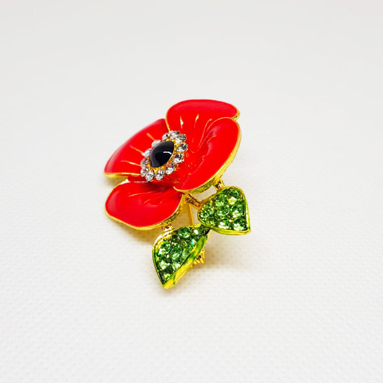 Broche Doree Grande Fleur Rouge Petales vertes