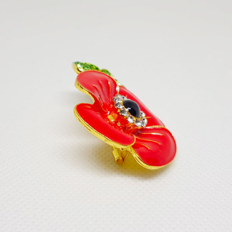 Broche Doree Grande Fleur Rouge Petales vertes