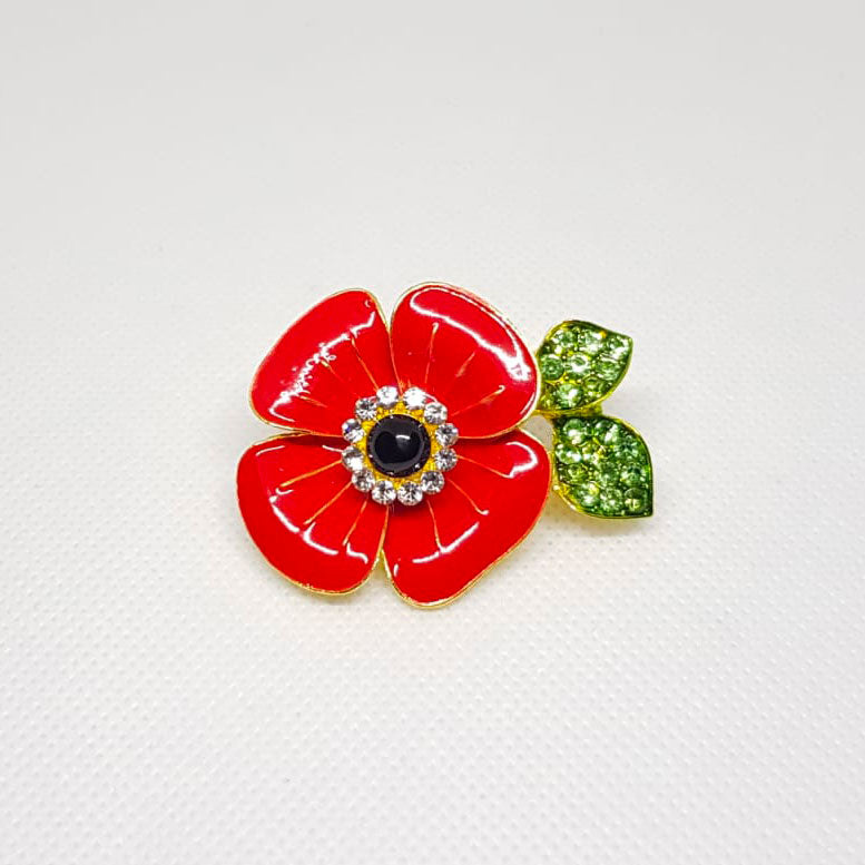 Broche Doree Grande Fleur Rouge Petales vertes