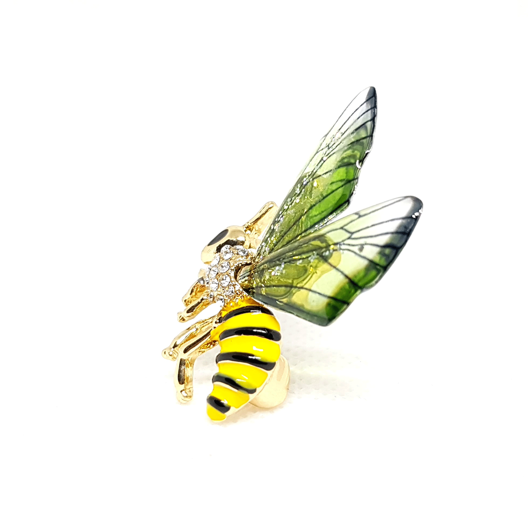 Broche bijou insecte guêpe frelon jaune ailes vertes