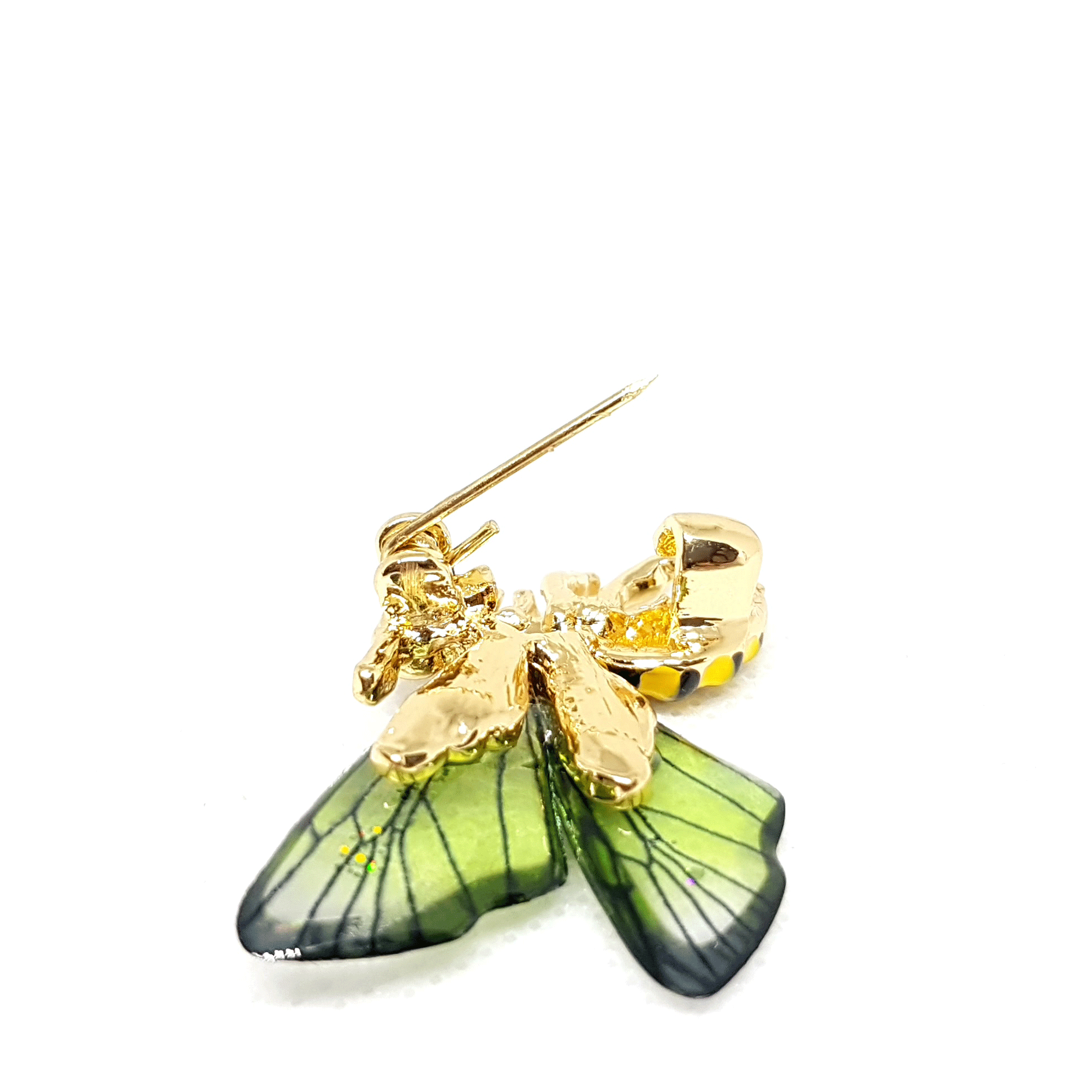 Broche bijou insecte guêpe frelon jaune ailes vertes