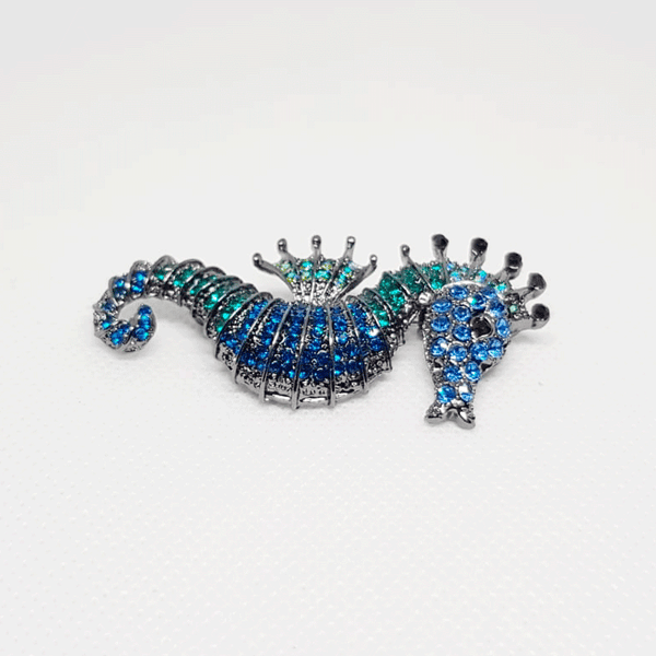 Blue Seahorse Animal Silver Brooch