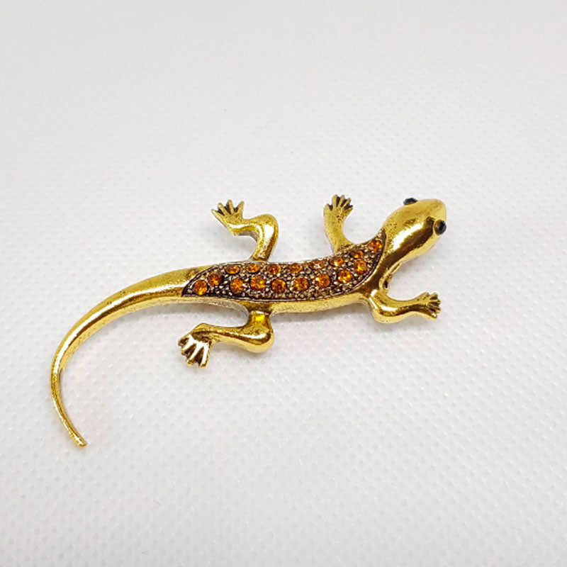 Broche Lézard couleur dorée et Strass ambrée