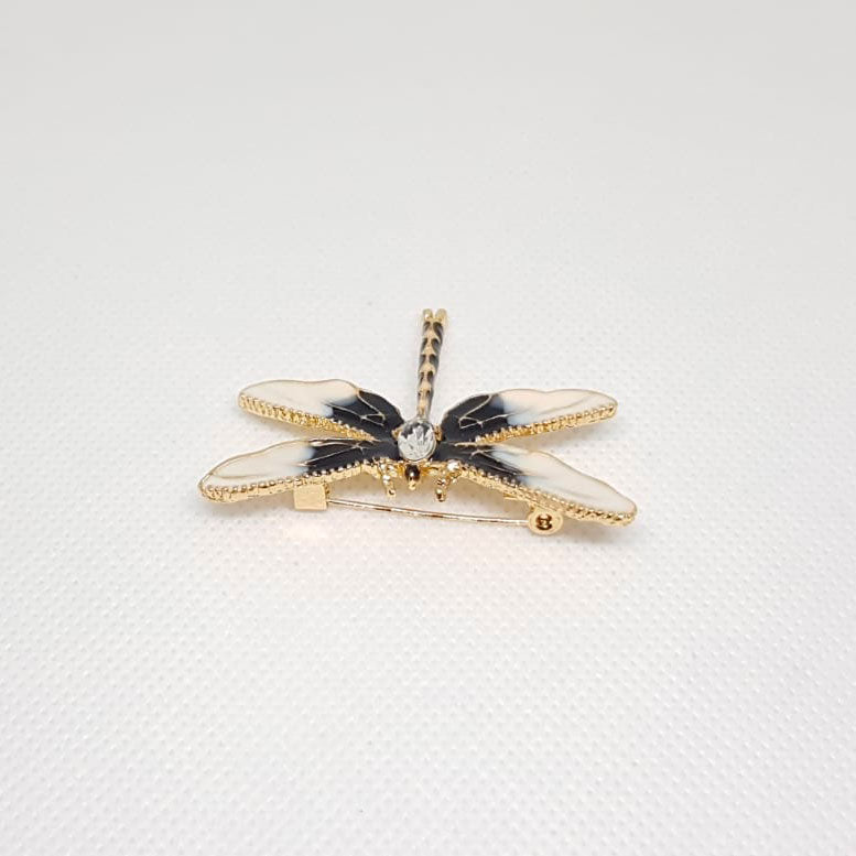 Gold Dragonfly Insect Brooch Black White