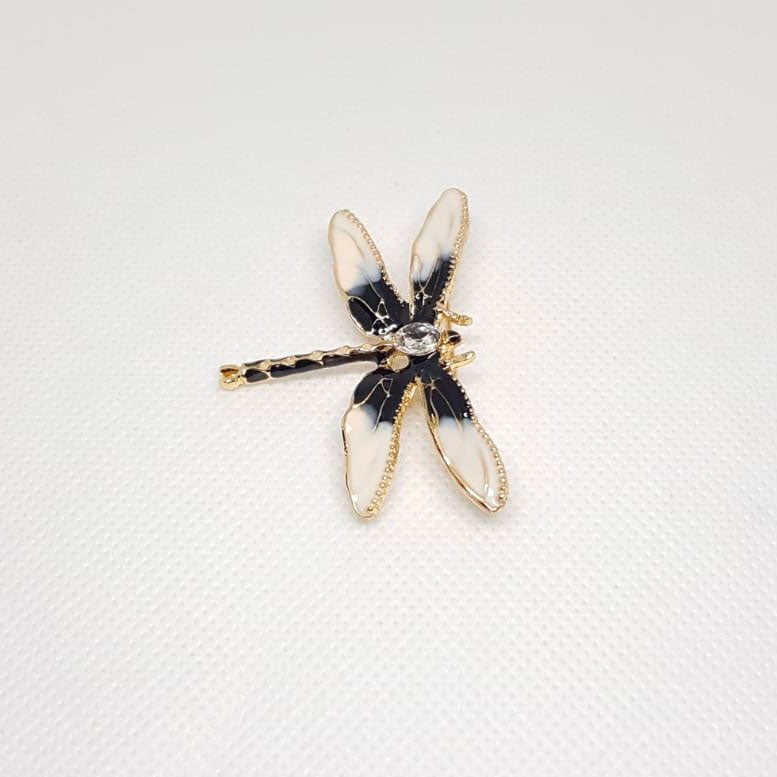 Gold Dragonfly Insect Brooch Black White