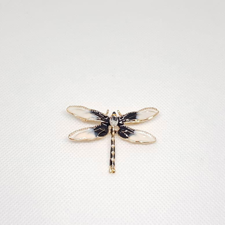 Broche Doree Insecte Libellule Noir Blanc