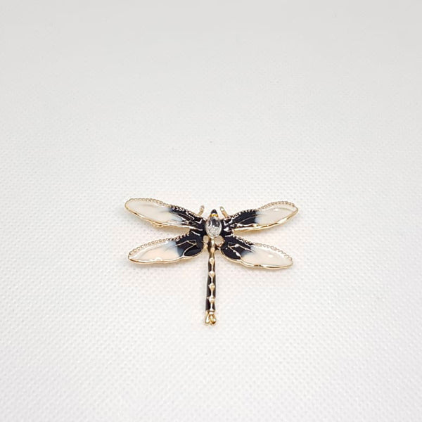 Gold Dragonfly Insect Brooch Black White